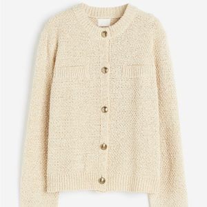 H&M cream knit cardigan with gold stitching and buttons
